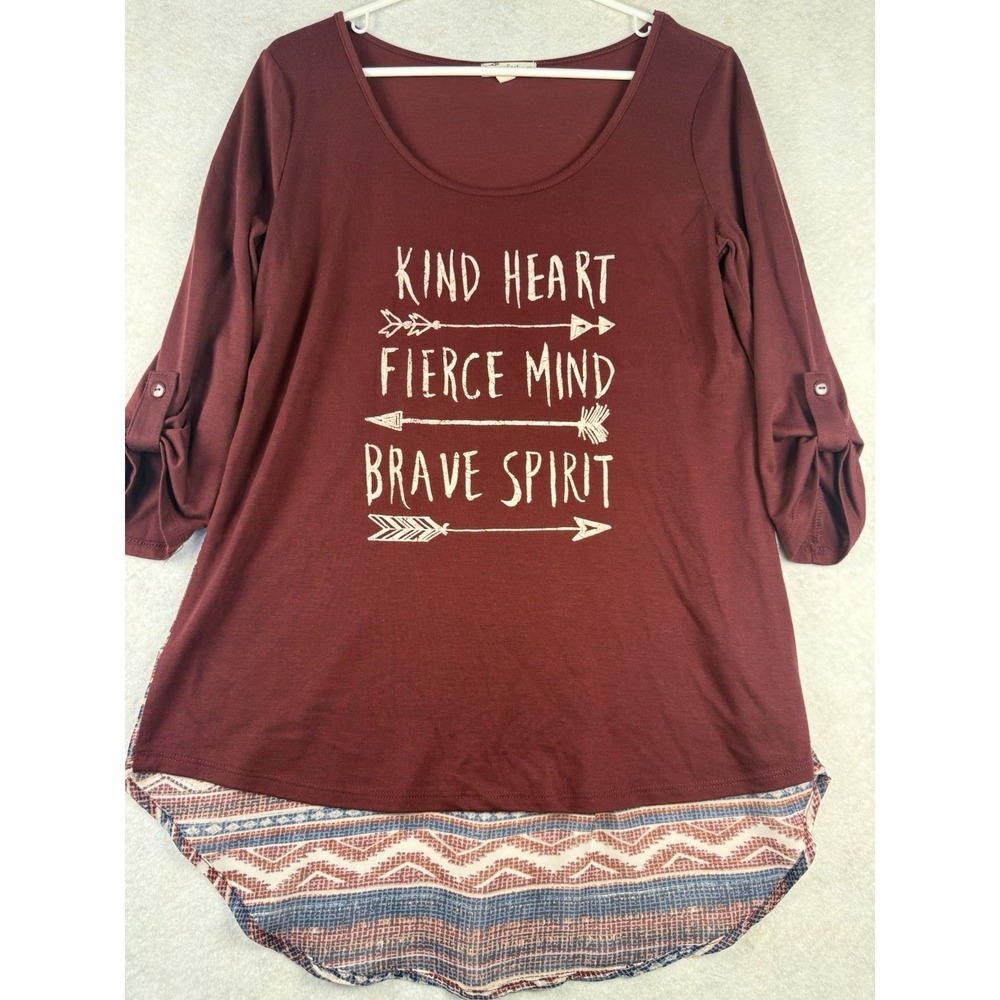 Heart‎ & Soul Women's Graphic Top Large Burgundy Roll Tab Sleeves Boho